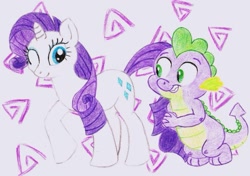 Size: 791x557 | Tagged: artist needed, safe, rarity, spike, dragon, pony, unicorn, abstract background, female, male, mare, shipping, smiling, sparity, straight, traditional art