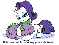 Size: 1055x800 | Tagged: safe, artist:warepwn3, rarity, spike, dragon, pony, unicorn, female, hug, interspecies, male, mare, prone, shipping, sleeping, sparity, spikelove, straight