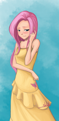 Size: 900x1825 | Tagged: safe, artist:shtut, fluttershy, human, bare shoulders, blushing, breasts, clothes, delicious flat chest, dress, female, flattershy, gradient background, humanized, skinny, solo