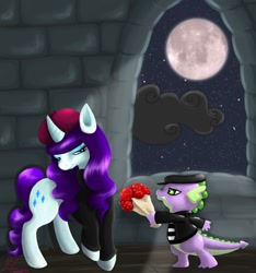 Size: 1492x1594 | Tagged: safe, artist:hya-sagitta, rarity, spike, dragon, pony, unicorn, beatnik rarity, beret, clothes, female, flower, hat, interspecies, lidded eyes, male, mare, moon, night, shipping, sparity, straight, sweater, window