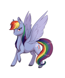 Size: 1113x1329 | Tagged: safe, artist:28gooddays, derpibooru import, rainbow dash, pegasus, pony, backwards cutie mark, raised hoof, simple background, solo, spread wings, transparent background