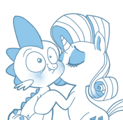 Size: 316x308 | Tagged: safe, artist:circustent, rarity, spike, dragon, pony, unicorn, blushing, cute, female, interspecies, kiss on the cheek, kissing, male, mare, monochrome, shipping, sparity, spikabetes, straight