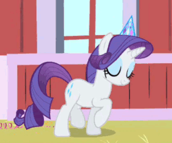 Size: 417x347 | Tagged: safe, screencap, rarity, pony, unicorn, party of one, animated, barn, dancing, dancity, eyes closed, female, gif, hat, ladylike, mare, party hat, party soft, solo, stomping