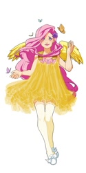 Size: 500x1000 | Tagged: safe, artist:lettiebobettie, fluttershy, butterfly, human, clothes, dress, female, humanized, simple background, solo, white background, winged humanization