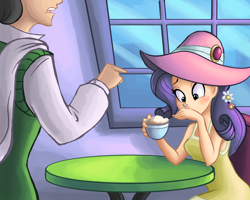 Size: 1500x1200 | Tagged: safe, artist:ric-m, jet set, rarity, human, sweet and elite, blushing, cafe, cappuccino, coffee, duo, female, flower, flower in hair, hat, humanized, male, pointing, scene interpretation, sitting, table, wide eyes