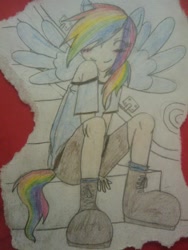 Size: 720x960 | Tagged: safe, artist:curiiosiity, rainbow dash, human, humanized, smiling, tailed humanization, traditional art, winged humanization