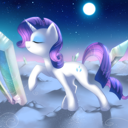 Size: 2000x2000 | Tagged: safe, artist:jacky-bunny, rarity, pony, unicorn, crystal, female, high res, mare, moon, night, raised hoof, smiling, solo