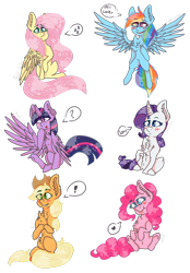 Size: 1024x1471 | Tagged: safe, artist:liddieneko, derpibooru import, applejack, fluttershy, pinkie pie, rainbow dash, rarity, twilight sparkle, twilight sparkle (alicorn), alicorn, earth pony, pegasus, pony, unicorn, 20% cooler, chest fluff, chibi, exclamation point, heart, mane six, pictogram, question mark, simple background, sitting, transparent background