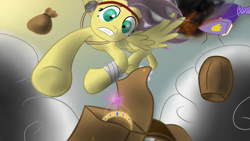 Size: 1920x1080 | Tagged: safe, artist:mattatatta, fluttershy, pegasus, pony, airship, alternate hairstyle, cloud, element of magic, falling, female, mare, saddle bag, sky, solo, survivor shy, wallpaper