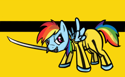 Size: 812x500 | Tagged: safe, artist:mintykoneko, rainbow dash, pegasus, pony, blue coat, female, kill bill, mare, multicolored mane