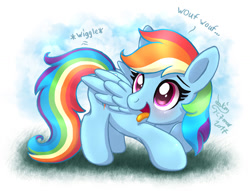 Size: 1180x900 | Tagged: safe, artist:joakaha, derpibooru import, rainbow dash, pegasus, pony, barking, behaving like a dog, blushing, colored pupils, cute, dashabetes, female, hnnng, looking back, mare, open mouth, panting, pet, pet play, signature, smiling, solo, tongue out