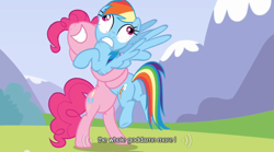 Size: 640x355 | Tagged: safe, derpibooru import, screencap, pinkie pie, rainbow dash, earth pony, pegasus, pony, wonderbolts academy, bone-crushing snuggles, hape, hug, meme, youtube caption