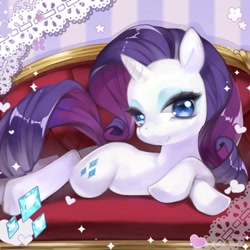 Size: 400x400 | Tagged: safe, artist:bnob, rarity, pony, unicorn, bedroom eyes, female, heart, looking at you, mare, prone, smiling, sofa, solo