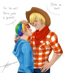 Size: 837x954 | Tagged: safe, artist:melodicmadness, derpibooru import, applejack, applejack (male), rainbow blitz, rainbow dash, human, dialogue, humanized, rule 63, size difference