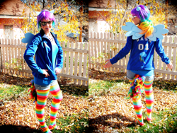 Size: 1328x1000 | Tagged: safe, artist:greenteaphoenix, rainbow dash, human, clothes, cosplay, irl, irl human, photo, rainbow socks, socks, striped socks