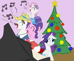 Size: 1314x1080 | Tagged: safe, artist:elslowmo, artist:rubrony, cookie crumbles, hondo flanks, rarity, sweetie belle, pony, unicorn, bad singing, christmas tree, colored, cookieflanks, eyes closed, female, filly, floppy ears, gritted teeth, male, mare, music notes, open mouth, piano, singing, sitting, sour note, stallion, tree