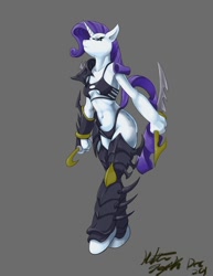 Size: 612x792 | Tagged: safe, artist:hattonslayden, rarity, anthro, unguligrade anthro, armor, belly button, breasts, chainmail bikini, dark eldar, dual wield, female, invulnerable save, lelith hesperax, sexy, sinfully sexy, solo, stupid sexy rarity, sword, unconvincing armor, warhammer (game), warhammer 40k, weapon, wide hips