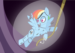 Size: 1024x724 | Tagged: safe, rainbow dash, pegasus, pony, animatronic, five nights at aj's, foxy, pirate, rope, sharp teeth, solo, spotlight, swinging