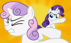 Size: 6637x4000 | Tagged: safe, artist:orangel8989, edit, edited screencap, screencap, rarity, sweetie belle, pony, unicorn, a canterlot wedding, abstract background, absurd resolution, abuse, duo, duo female, female, filly, grin, jerk, kick, mare, punch, raribitch, scene parody, smiling, sweetiebuse