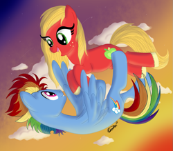 Size: 835x730 | Tagged: safe, artist:karmadash, big macintosh, macareina, rainbow blitz, rainbow dash, pegasus, pony, couple, falling, female, flying, maclellan, male, rainbow rush, rainbowmac, romantic, rule 63, shipping, skydiving, straight