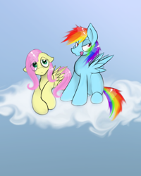 Size: 1440x1800 | Tagged: safe, artist:xenalollie, fluttershy, rainbow dash, pegasus, pony, cloud, female, mare, wings