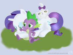 Size: 1024x768 | Tagged: safe, artist:swanlullaby, opalescence, rarity, spike, dragon, pony, unicorn, female, flower, hug, interspecies, male, mare, prone, shipping, sparity, spikelove, straight