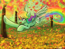 Size: 960x720 | Tagged: safe, artist:lumineko, rainbow dash, pegasus, pony, autumn, flying, solo