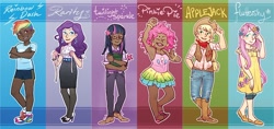 Size: 1242x585 | Tagged: safe, artist:leoniexli, derpibooru import, applejack, fluttershy, pinkie pie, rainbow dash, rarity, twilight sparkle, human, book, boots, clothes, cowboy vest, dark skin, denim, glasses, high heels, humanized, mane six, measuring tape, pantyhose, sandals, shoes, shorts, skirt, socks, tube skirt, vest, wand