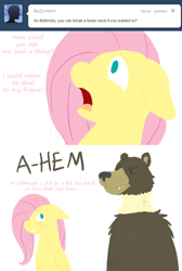 Size: 644x960 | Tagged: dead source, safe, artist:cartoonlion, fluttershy, harry, bear, pegasus, pony, ask, female, floppy ears, mare, neck brace, no pupils