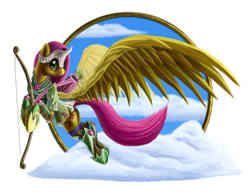 Size: 1024x795 | Tagged: safe, artist:tsitra360, fluttershy, pegasus, pony, armor, arrow, bow (weapon), female, flying, mare, quiver, smiling, solo, weapon