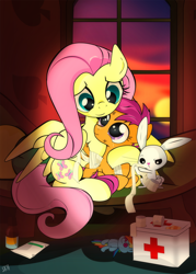 Size: 1006x1408 | Tagged: safe, artist:dsana, derpibooru import, angel bunny, fluttershy, rainbow dash, scootaloo, pegasus, pony, angelbetes, bandage, commission, cute, cutealoo, first aid, fluttermom, injured, kindness, plushie, scootalove, shyabetes, smiling, sofa, window