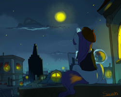 Size: 1280x1024 | Tagged: safe, artist:swomswom, rarity, pony, unicorn, beatnik rarity, beret, city, clothes, female, france, hat, mare, moon, night, painting, paris, plein air, rear view, rooftop, scenery, sitting, solo