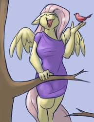 Size: 700x906 | Tagged: safe, artist:foxenawolf, fluttershy, anthro, bird, unguligrade anthro, clothes, dress, female, floppy ears, happy, singing, smiling, solo, tree branch