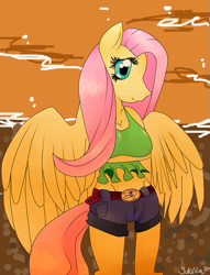 Size: 627x819 | Tagged: safe, artist:yukilila, fluttershy, anthro, clothes, female, midriff, shorts, solo