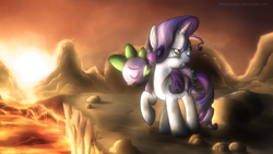 Size: 1366x768 | Tagged: safe, artist:fongsaunder, rarity, spike, dragon, pony, unicorn, carrying, cliff, epic, female, glare, interspecies, male, mare, shipping, sparity, straight, sunset, wasteland