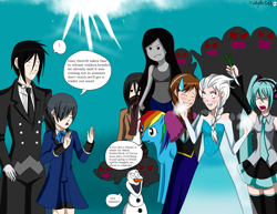 Size: 2202x1698 | Tagged: safe, artist:kathythegoth, rainbow dash, pegasus, pony, adventure time, anna, attack on titan, black butler, crossover, elsa, frozen, frozen (movie), hatsune miku, kuroshitsuji, marceline, mikasa ackerman, olaf, vocaloid