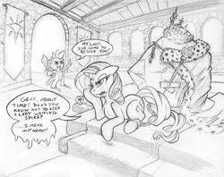 Size: 1138x900 | Tagged: safe, artist:hobbes-maxwell, rarity, spike, tom, dragon, pony, unicorn, bored, chains, crown, female, floppy ears, jewelry, male, mare, monochrome, prone, regalia, roleplaying, traditional art