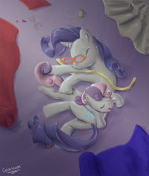 Size: 893x1052 | Tagged: safe, artist:gaiascope, rarity, sweetie belle, pony, unicorn, duo, duo female, fabric, female, filly, glasses, mare, measuring tape, on side, overhead view, pony pillow, sleeping, snot bubble