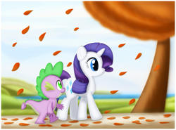 Size: 1175x870 | Tagged: safe, artist:ctb-36, rarity, spike, dragon, pony, unicorn, autumn, female, leaves, male, mare, shipping, sparity, straight, walking