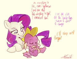 Size: 1316x1009 | Tagged: safe, artist:frostadflakes, rarity, spike, dragon, pony, unicorn, female, interspecies, lyrics, male, mare, prone, shipping, sparity, spikelove, straight