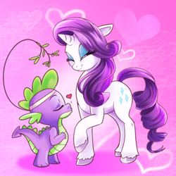 Size: 800x800 | Tagged: safe, artist:hylianguardians, rarity, spike, dragon, pony, unicorn, abstract background, eyes closed, female, heart, interspecies, male, mare, mistletoe, shipping, sparity, straight