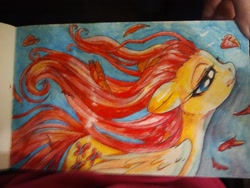 Size: 2560x1920 | Tagged: safe, artist:buttercupsaiyan, fluttershy, pegasus, pony, female, floppy ears, leaf, mare, smiling, solo, traditional art, watercolor painting, windswept mane