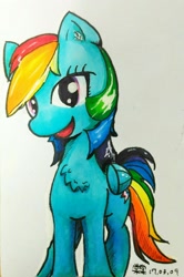 Size: 1448x2182 | Tagged: safe, artist:mr.candy_owo, derpibooru import, rainbow dash, pegasus, pony, simple background, solo, traditional art