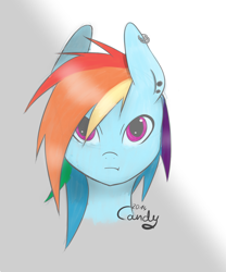 Size: 1000x1200 | Tagged: safe, artist:candy-muffin, rainbow dash, pegasus, pony, bust, ear piercing, female, gradient background, looking at you, mare, piercing, portrait, signature, solo