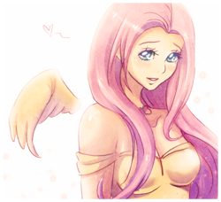 Size: 600x548 | Tagged: safe, artist:songoftheshoebox, fluttershy, human, breasts, female, hootershy, humanized, solo, winged humanization