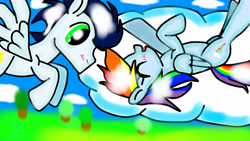 Size: 4160x2340 | Tagged: safe, artist:sdwing7, rainbow dash, soarin', pegasus, pony, cute, eyes closed, female, happy, laughing, male, shipping, shy, soarindash, straight