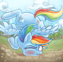 Size: 750x736 | Tagged: safe, artist:mcponyponypony, rainbow dash, pegasus, pony, injured, rainbow crash, solo