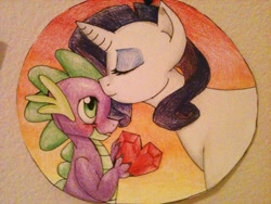 Size: 1024x768 | Tagged: safe, artist:ressq, rarity, spike, dragon, pony, unicorn, female, forehead kiss, interspecies, male, mare, shipping, sparity, spikelove, straight