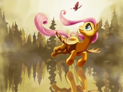 Size: 2000x1501 | Tagged: source needed, safe, artist:changeunism, fluttershy, butterfly, pegasus, pony, featured on derpibooru, female, flying, forest, lake, looking at something, looking up, mare, mist, reflection, scenery, smiling, solo, spread wings, tree, water