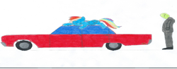 Size: 1356x533 | Tagged: safe, rainbow dash, oc, oc:anon, pegasus, pony, car, traditional art